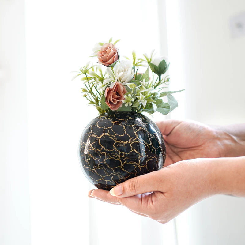Manva Crackled Ball Vase (Black) - Small